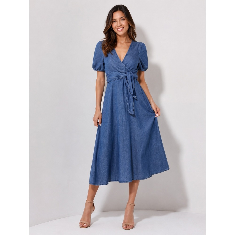 Old Navy Chambray Wrap Midi Dress Blue Puff Sleeve Tie‎ Waist 100% Cotton size S